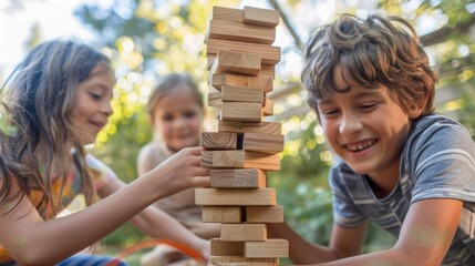 Children joyfully playing with giant wooden blocks in a sunny garden, building and stacking together.